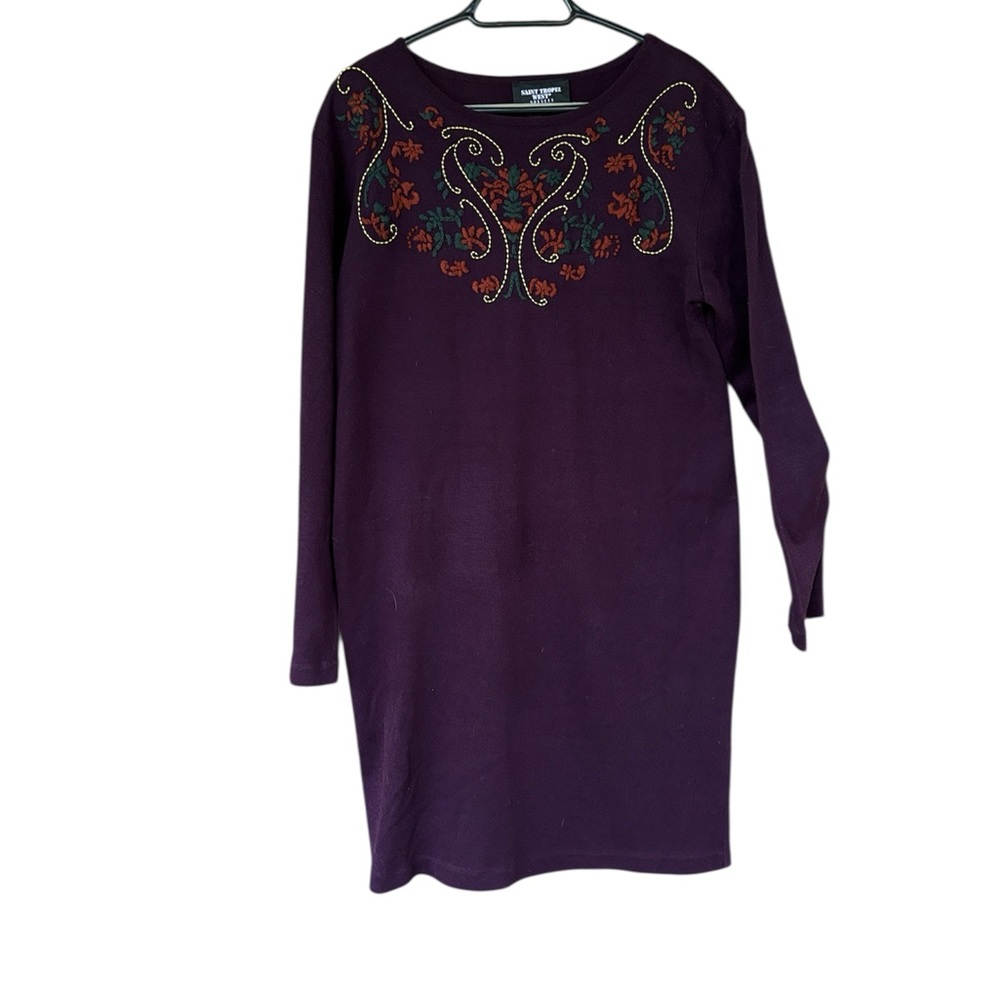 Saint Tropez West Embroidered Sweater Dress XL Purple Boho Cottagecore Winter - Picture 2 of 7